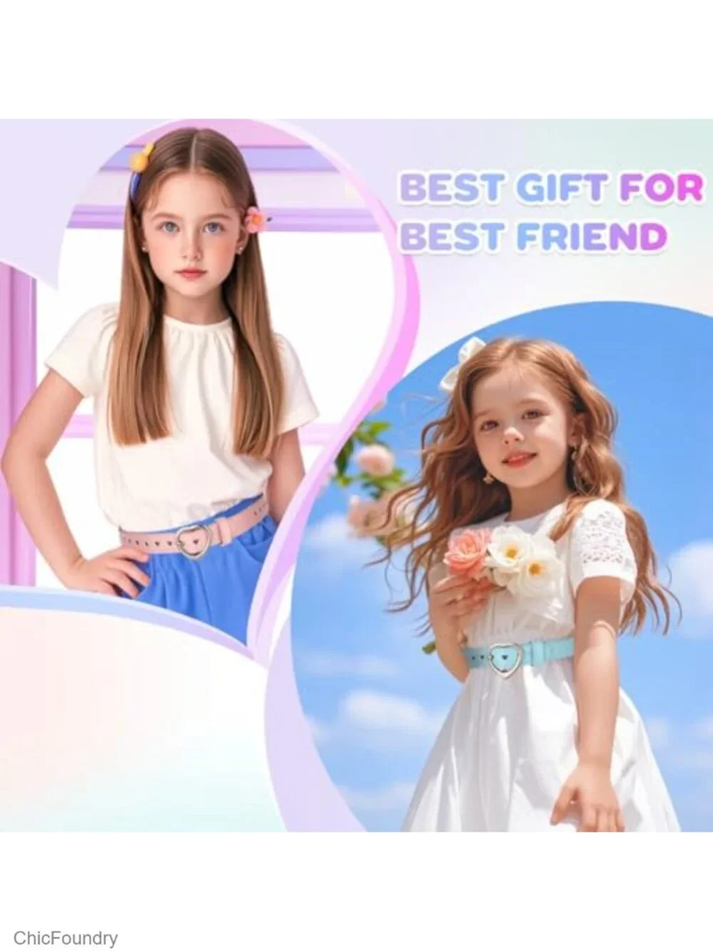 Girls Leather Belts 5 Pack Heart Buckle Adjustable PU Leather Stretch Belt